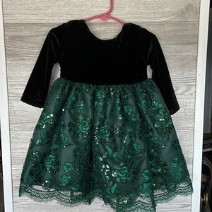 Baby Girl Formal Black Velvet & Emerald Dress with Bow